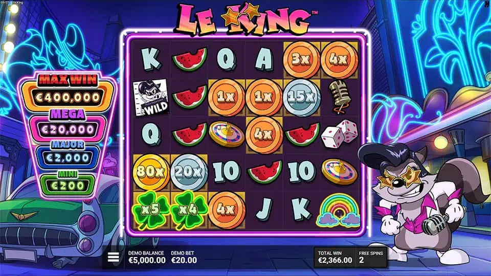 Bottom-left corner showing green clover multipliers x5, x4, and x4 during free spins with visible cash values.