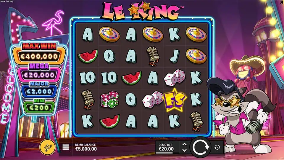 Base game reels with classic casino symbols like dice, chips, and microphones, with raccoon mascot on the right.
