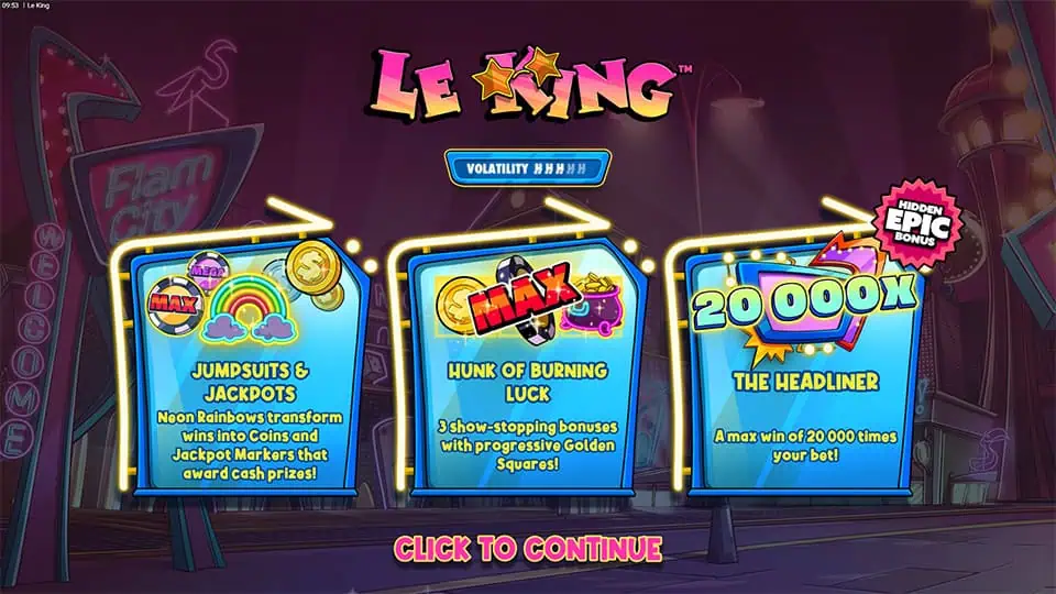 Intro page for Le King slot showing features like max 20,000x win, rainbow jackpots, and bonus options.