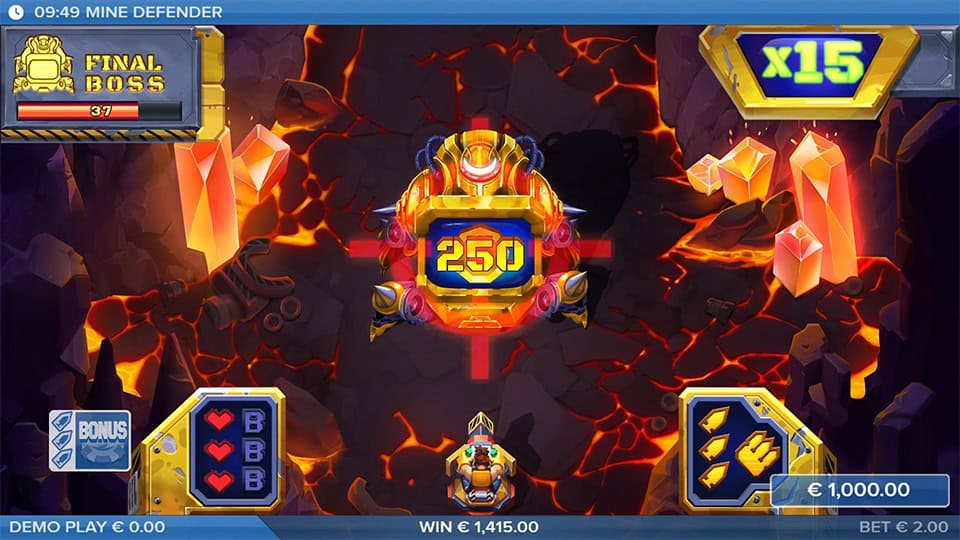 Mine Defender final boss feature with a large robot enemy, lava background, and a 250 hit landing.