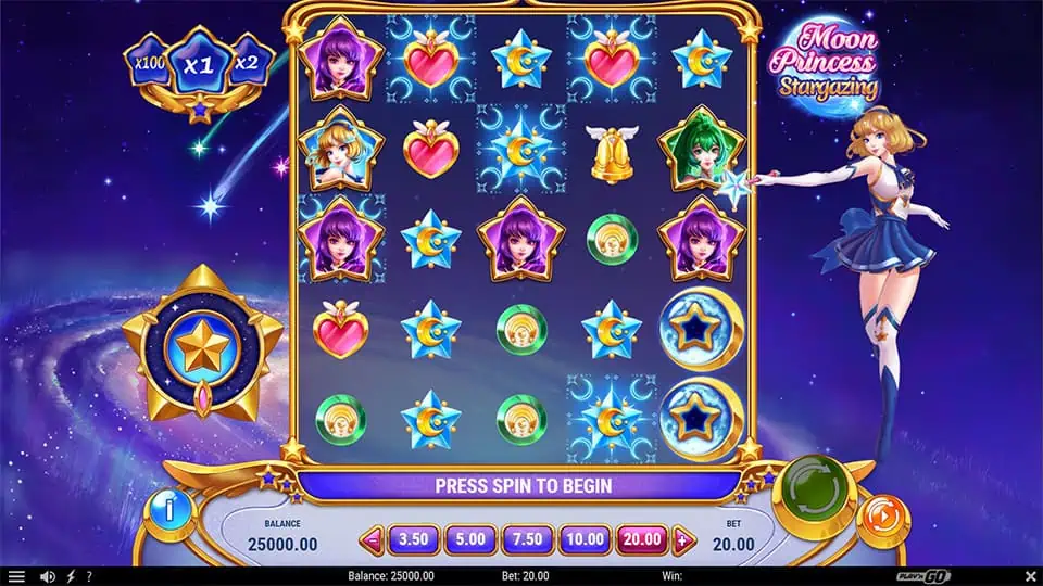 Grid-style slot showing magical girl symbols, hearts, stars, and celestial icons on a starry space backdrop.