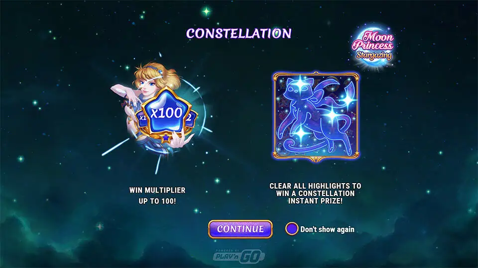 Intro screen highlighting x100 multiplier and constellation bonus with magical cat outline in neon light.