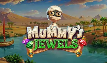 Mummy's Jewels slot logo with cartoon mummy and jeweled title over desert river scene.
