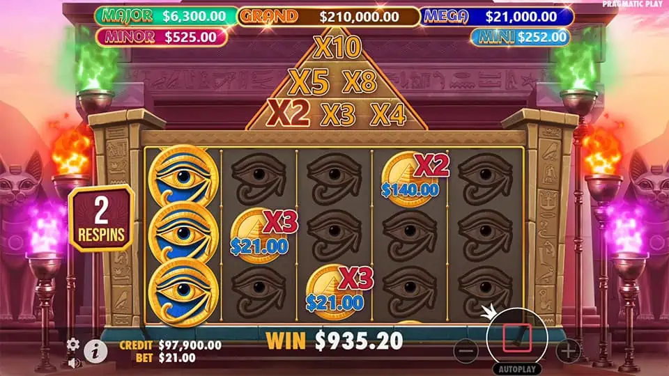 Mummy's Jewels slot with golden eye symbols, multipliers, and 2 respins remaining.