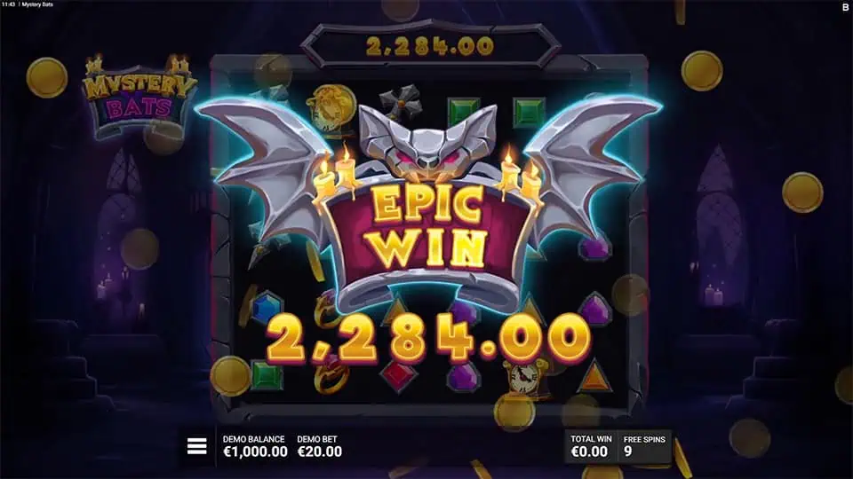 Bat with spread wings holding an “Epic Win” banner, coins flying across the screen in a dark gothic setting.