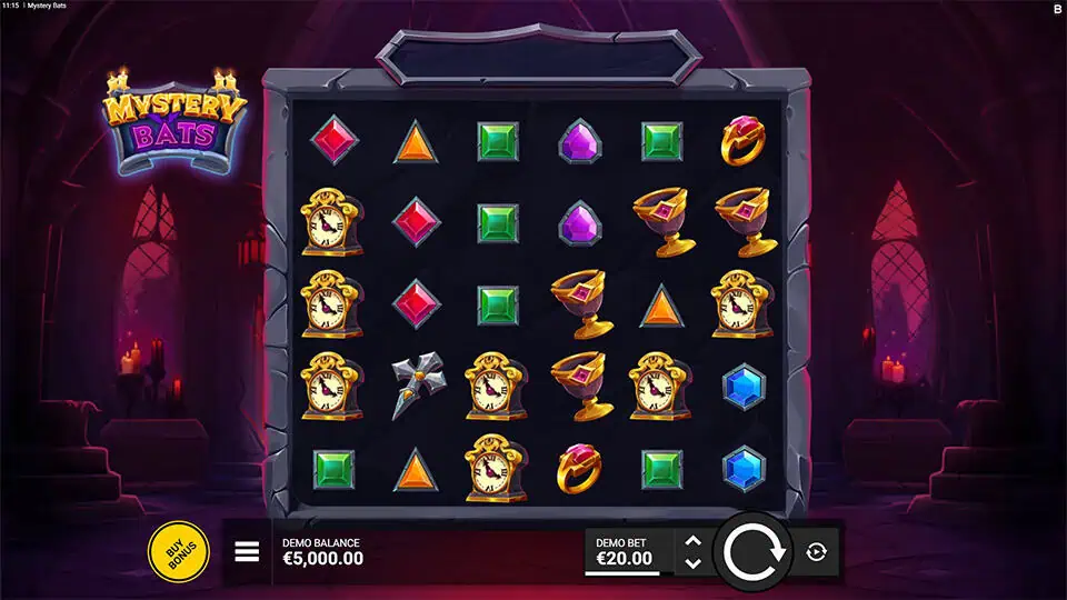 Slot grid filled with clocks, rings, and colored gemstones inside a vampire lair, with bonus buy button shown.