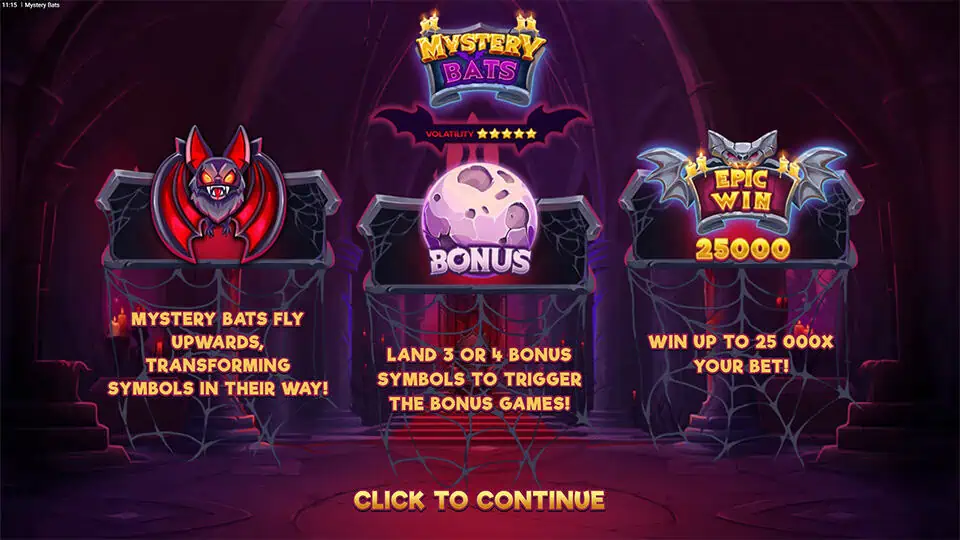 Intro screen explaining game features with visuals of a red bat, moon bonus, and epic win frame with cobwebs.