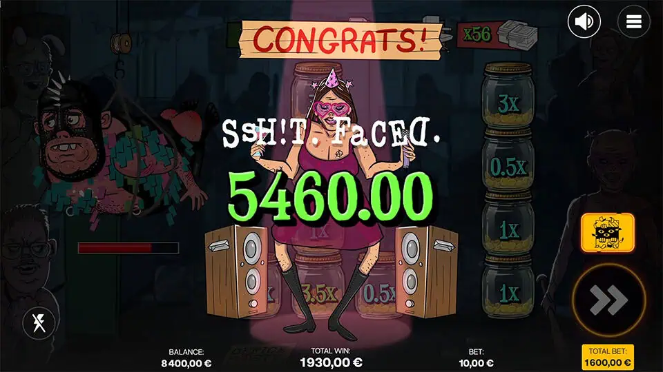 Massive win animation in Office Party showing 5,460.00 with a partying character center-stage, wearing a birthday crown and surrounded by multipliers.