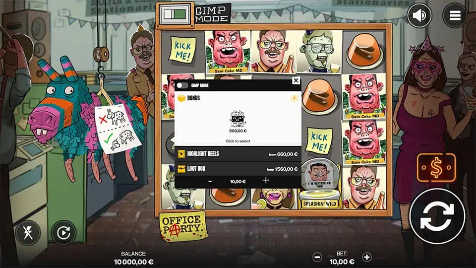 Buy bonus screen in Office Party showing Gimp Mode purchase options including Bonus, Highlight Reels, and Loot Box with Euro prices and bet settings.