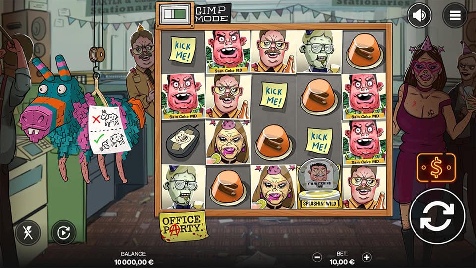 Base game screen of Office Party with eccentric cartoon characters, office supplies as symbols, and a piñata hanging on the left.