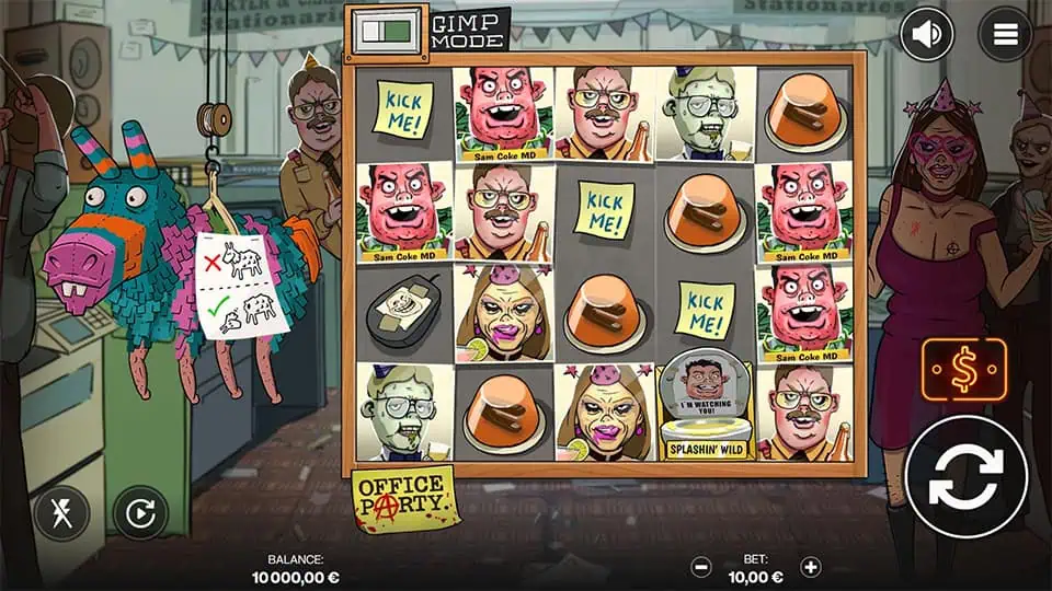 Base game screen of Office Party with eccentric cartoon characters, office supplies as symbols, and a piñata hanging on the left.