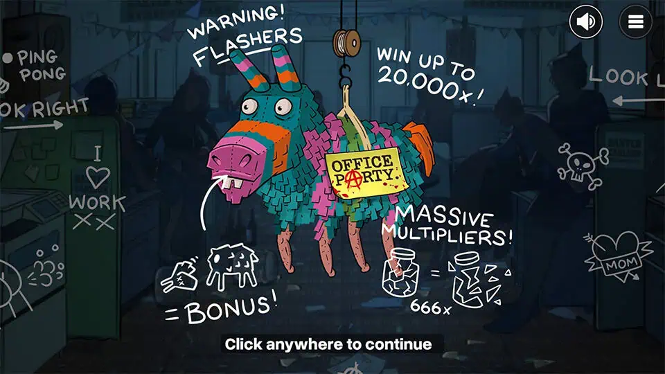 Intro screen of Office Party with a piñata in the center labeled with feature explanations like ‘Bonus,’ ‘Massive Multipliers,’ and ‘20,000x Win.’