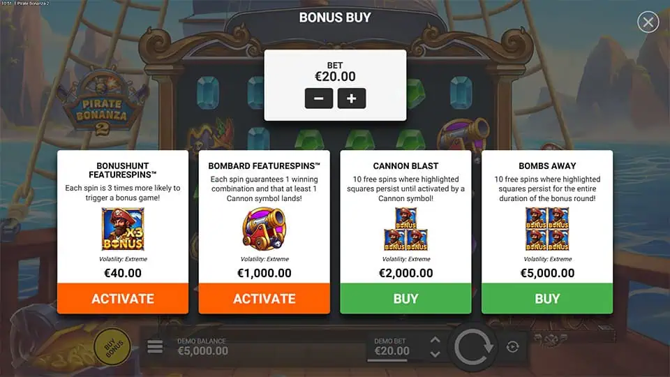 Bonus Buy menu offering spins with increased bonus chances, cannon hits, and persistent highlighted zones.