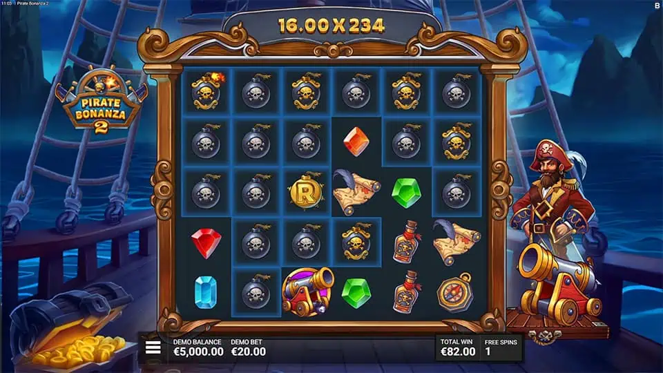 Bonus round with highlighted squares and cannon multipliers ready to explode and increase wins.