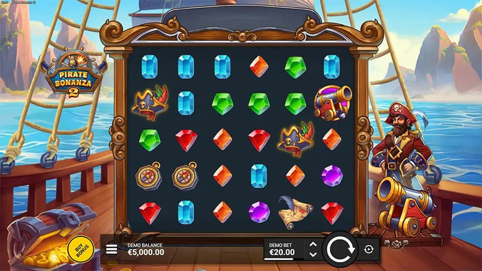 Slot screen with colorful gem symbols, pirate hats, and cannons on a wooden-framed grid aboard a pirate ship.