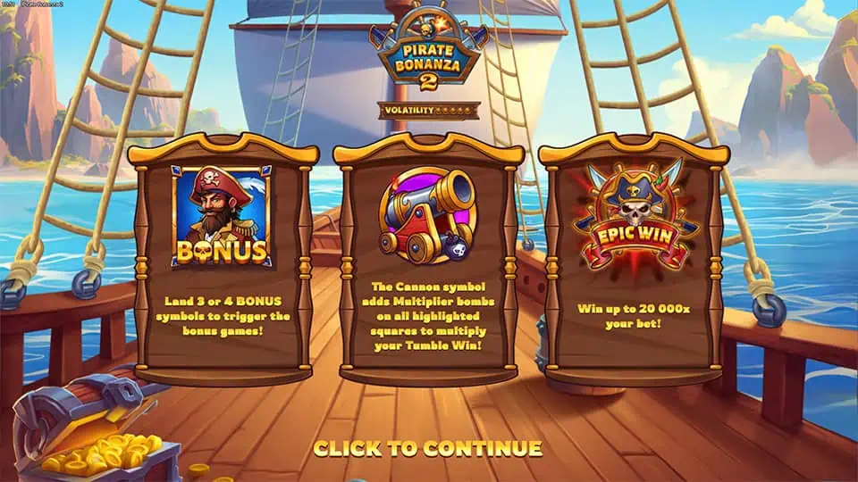 Intro screen highlighting bonus symbols, cannon multipliers, and a max win potential of 20,000x.
