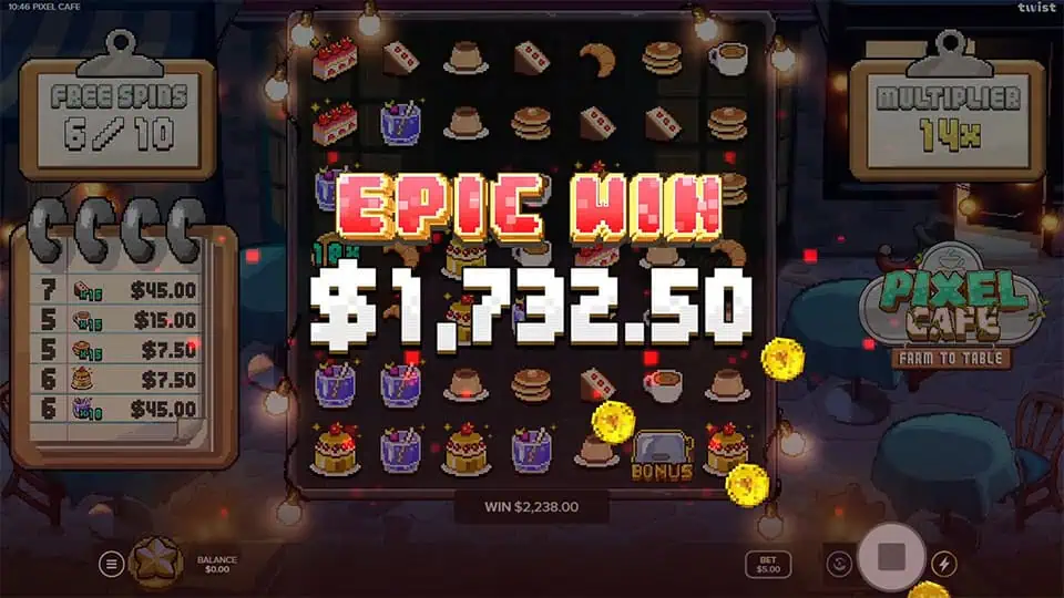 Epic Win screen in Pixel Cafe slot displaying a $1,732.50 payout.