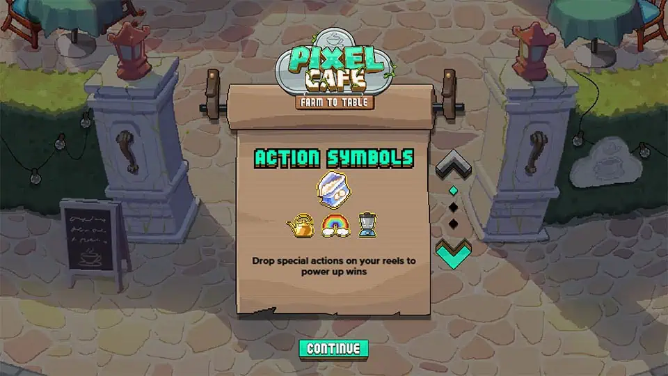 Homepage of Pixel Cafe slot introducing game features and bonus mechanics.