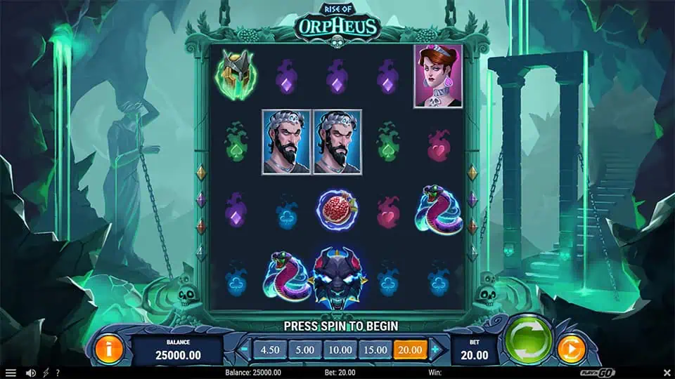 Rise of Orpheus slot grid with Orpheus, Eurydice, snakes, and glowing symbols inside a dark cave.