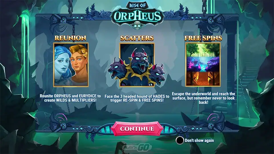 Rise of Orpheus homepage with info on Reunion, Scatters, and Free Spins features.