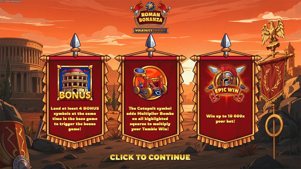 Roman Bonanza introduction screen with bonus triggers, catapult multiplier bombs, and up to 10,000x win potential.