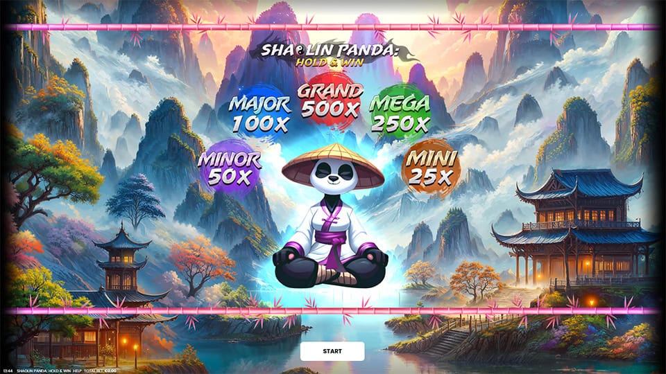 Shaolin Panda Hold & Win homepage screen introducing Major, Minor, Mega, and Grand jackpots with a peaceful temple setting.