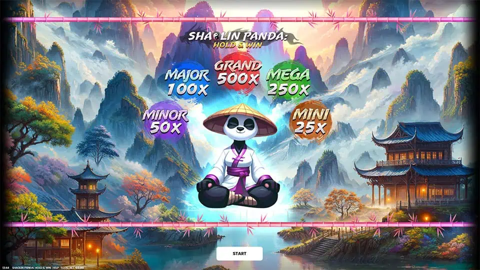 Shaolin Panda Hold & Win homepage screen introducing Major, Minor, Mega, and Grand jackpots with a peaceful temple setting.