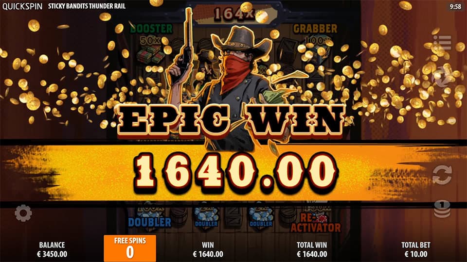 Epic Win animation in Sticky Bandits Thunder Rail slot with gold coins and a masked cowboy displaying a €1,640 win.