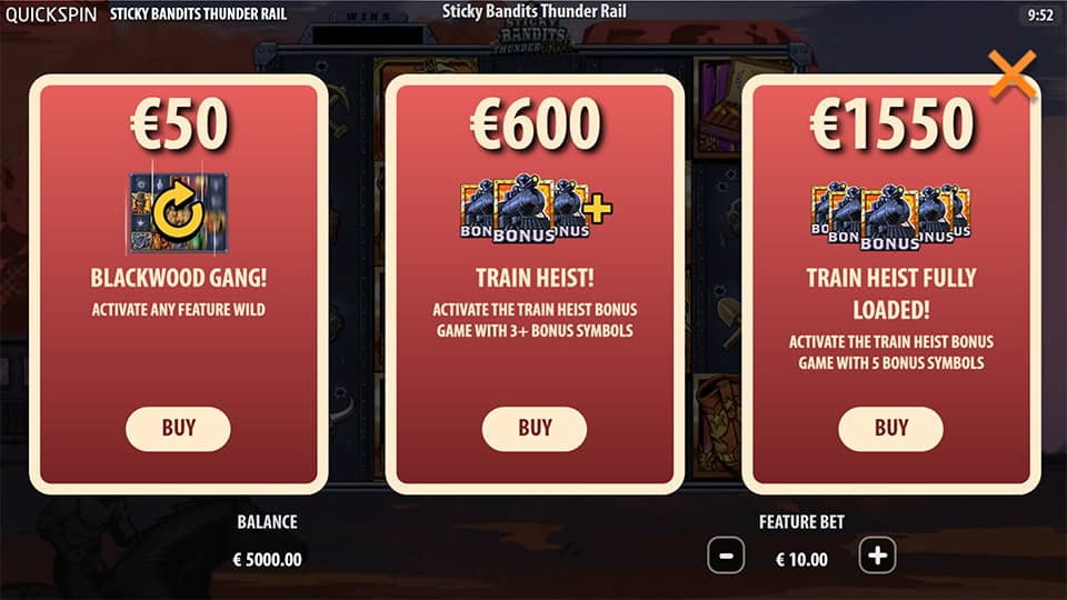 Sticky Bandits Thunder Rail bonus buy menu with three options including Blackwood Gang, Train Heist, and Fully Loaded Train Heist up to €1,550.
