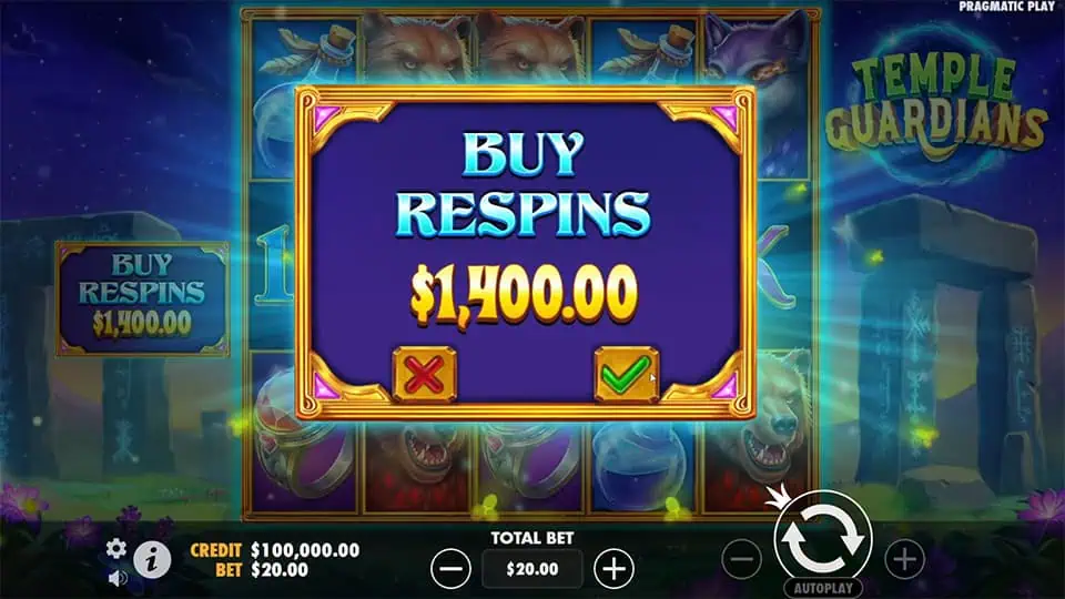 Temple Guardians slot buy feature showing $1,400.00 respins popup over reel set.