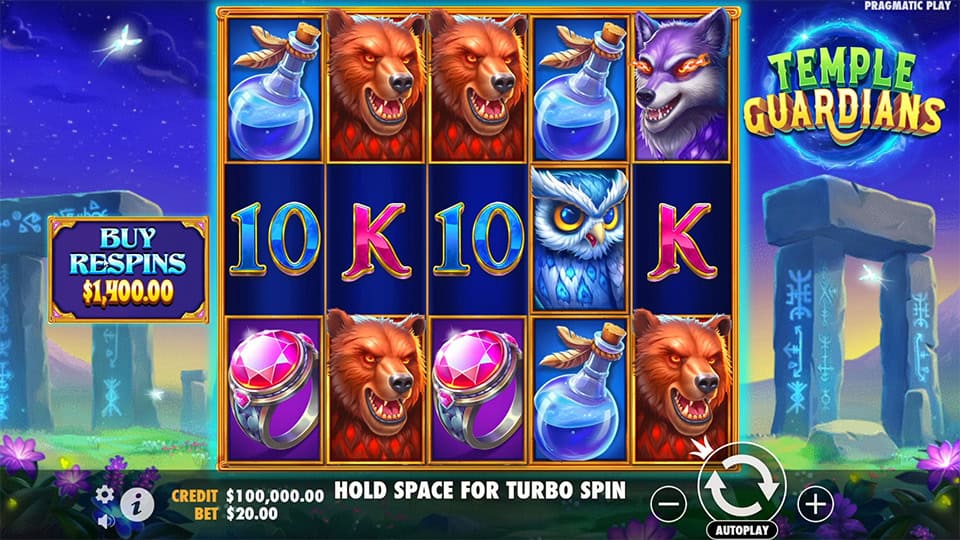 Temple Guardians slot grid with wolves, owls, potion bottles, and stone ruins in the background.