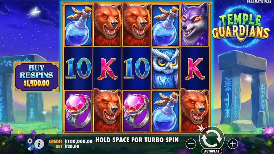 Temple Guardians slot grid with wolves, owls, potion bottles, and stone ruins in the background.