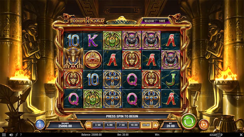Tomb of Gold 2 slot grid with ancient masks, scarabs, wilds, and gold symbols in a temple setting.
