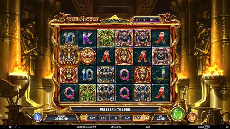Tomb of Gold 2 slot grid with ancient masks, scarabs, wilds, and gold symbols in a temple setting.