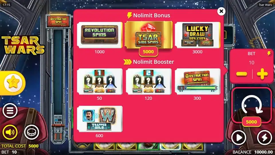 Bonus buy menu showing Tsar Side Spins, Lucky Draw, Revolution Spins, and extra booster features.