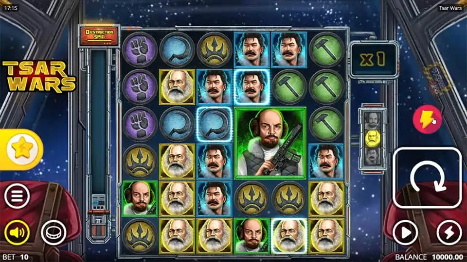 Base game screen with symbol grid featuring historical characters and icons, Tsar Wars logo, and meter on the side.