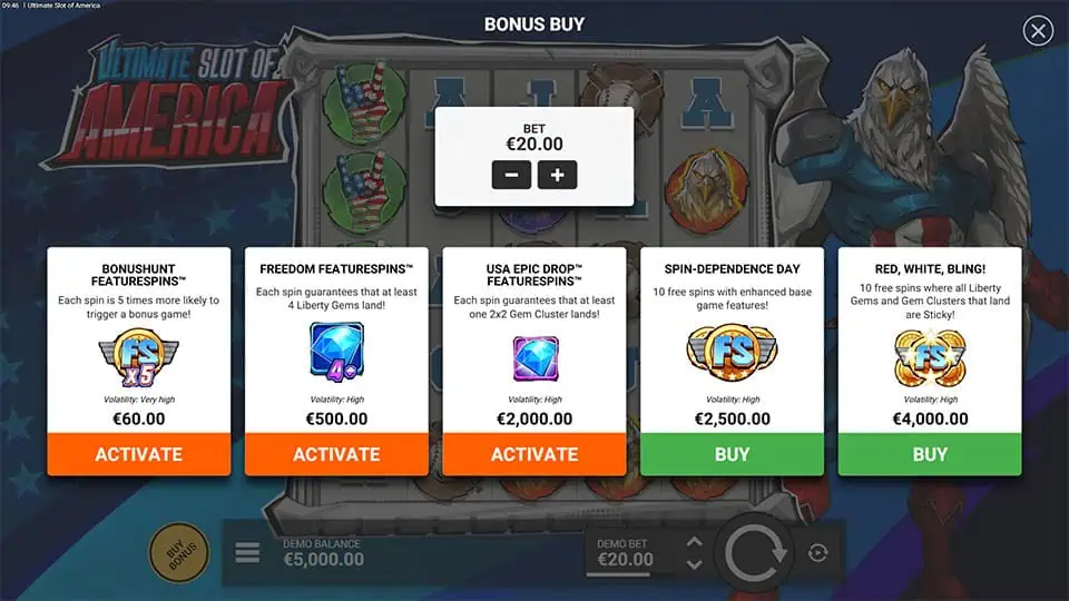 Bonus buy menu with feature options like Freedom Featurespins and USA Epic Drop.