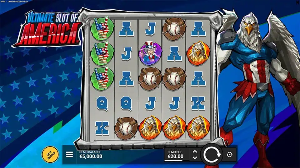 Base game screen showing reels with eagles, baseballs, and liberty-themed symbols.