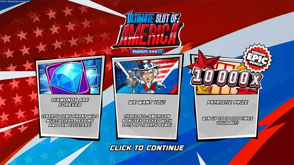 Intro screen highlighting diamonds, Uncle Sam bonus, and 10,000x max win.