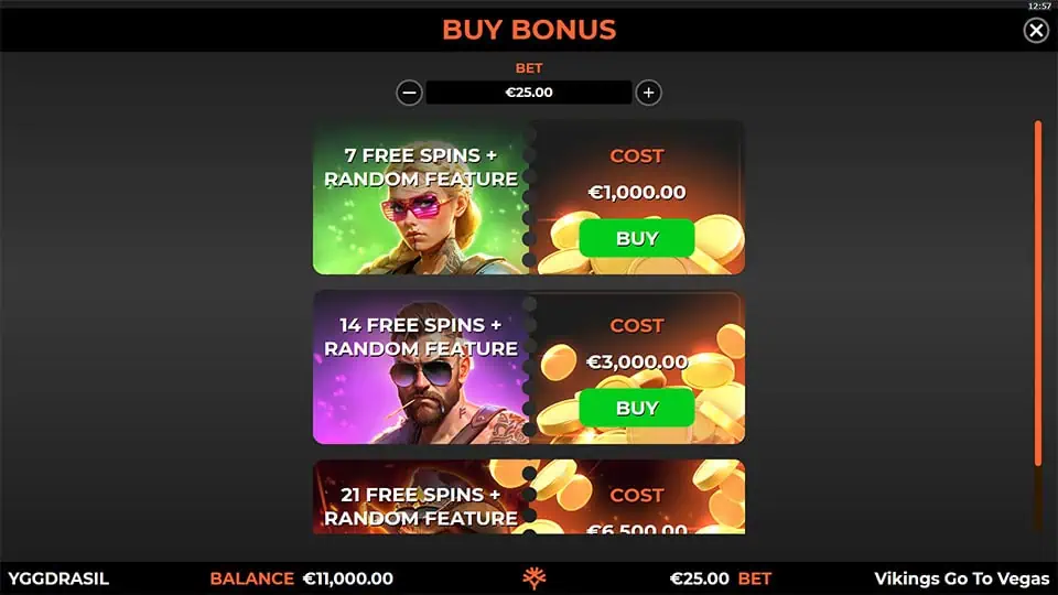 Buy Bonus menu with 7, 14, or 21 free spins including random features.