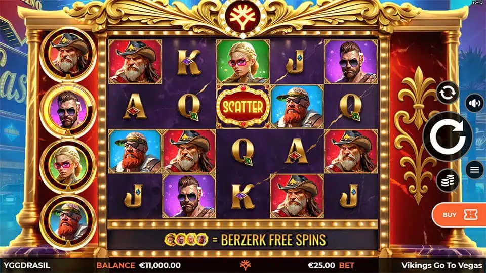 Reels filled with viking characters, wilds, and scatter symbols, set against a glitzy Vegas backdrop.