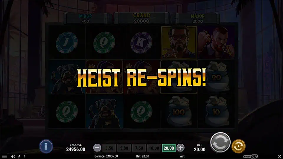 Heist Re-Spins screen with locked reels, character symbols, and cash prizes.