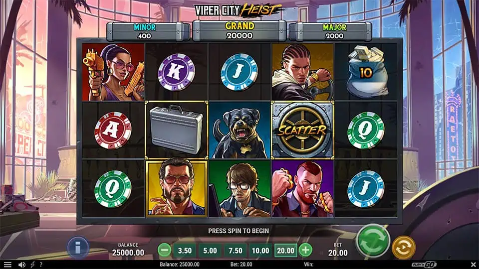 Base game screen showing reels with characters, chips, scatter symbols, and high-value icons.