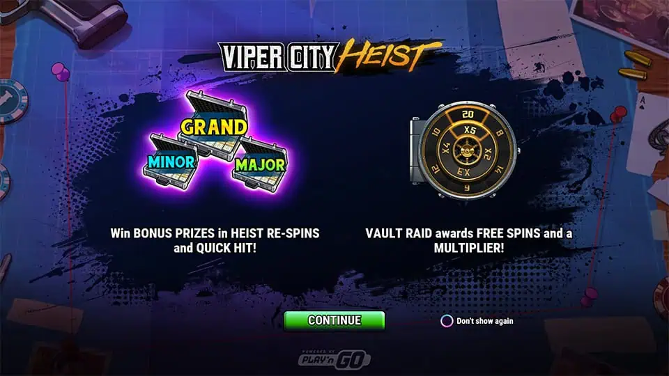 Intro screen highlighting bonus prizes, free spins, and multiplier features.