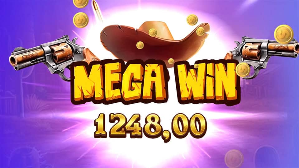 Wild Canyon slot big win display with cowboy hat, golden coins, and pistols surrounding the "MEGA WIN" message.