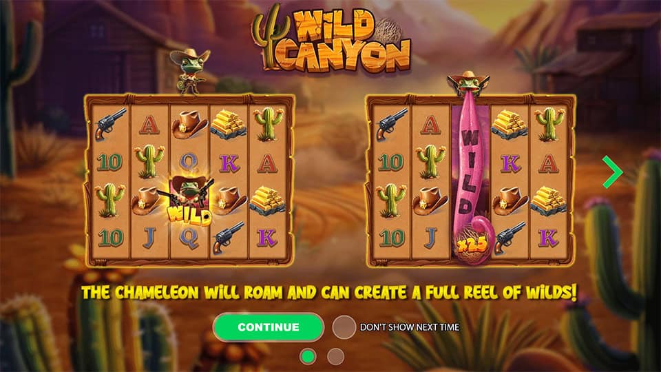 Wild Canyon introduction screen showcasing wild features and how the roaming chameleon can generate full reel wilds.