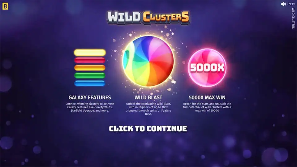 The Wild Clusters homepage showcasing the Galaxy Features, Wild Blast multipliers, and the 5000x max win potential.