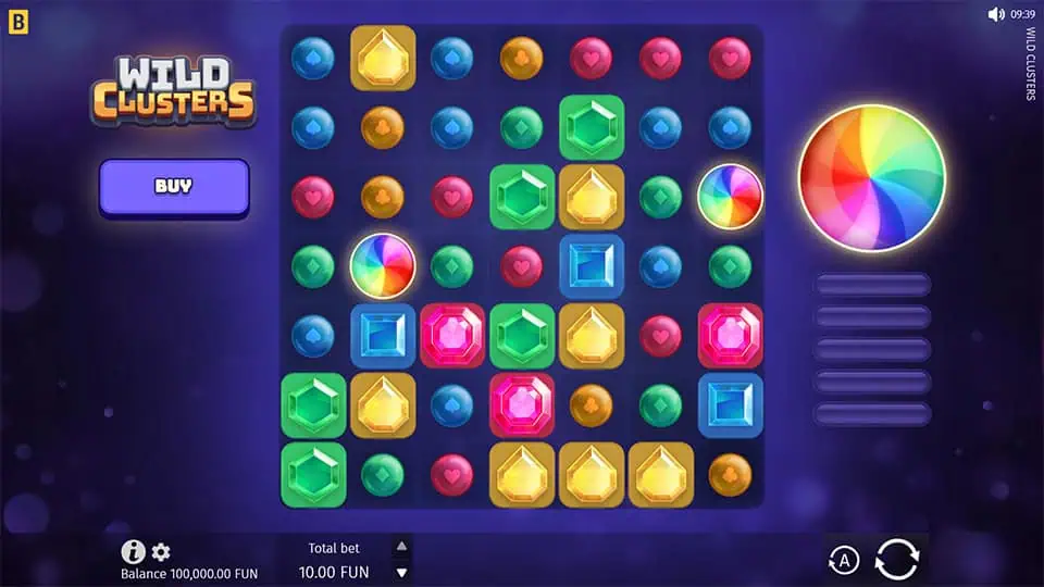 A gameplay view of Wild Clusters, showing colorful symbols, multipliers, and Wild clusters on the grid.