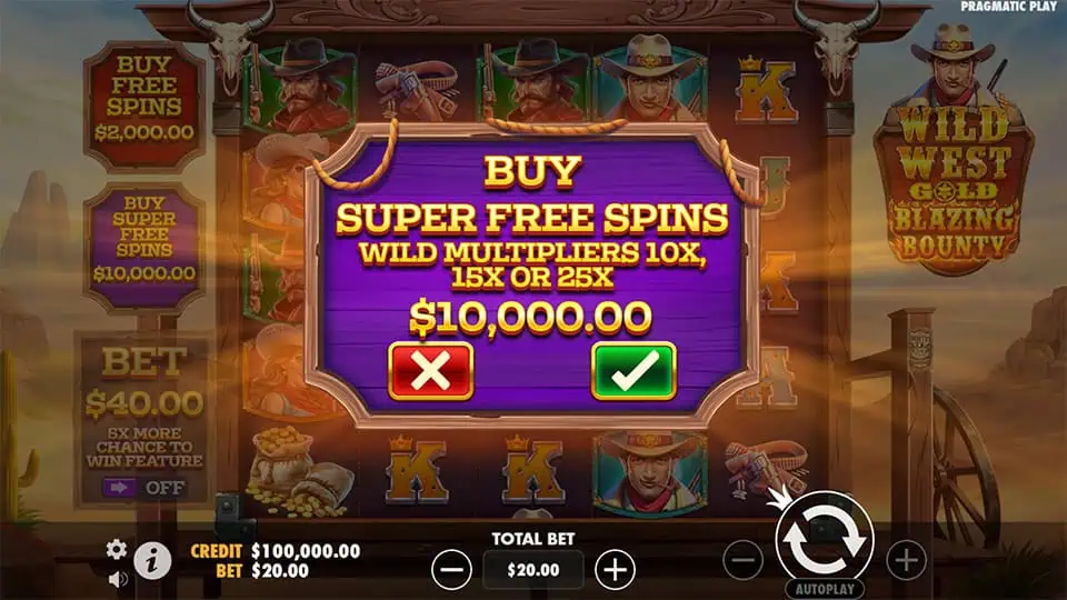 Bonus buy screen offering Super Free Spins with wild multipliers of 10x, 15x, or 25x.