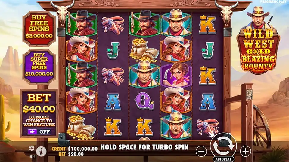 Base game screen with cowboy, cowgirl, gun, and gold symbols on the reels.